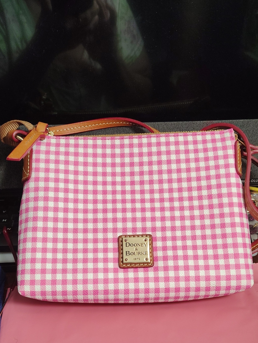 Dooney & Bourke Pink Gingham Adjustable Crossbody Like New